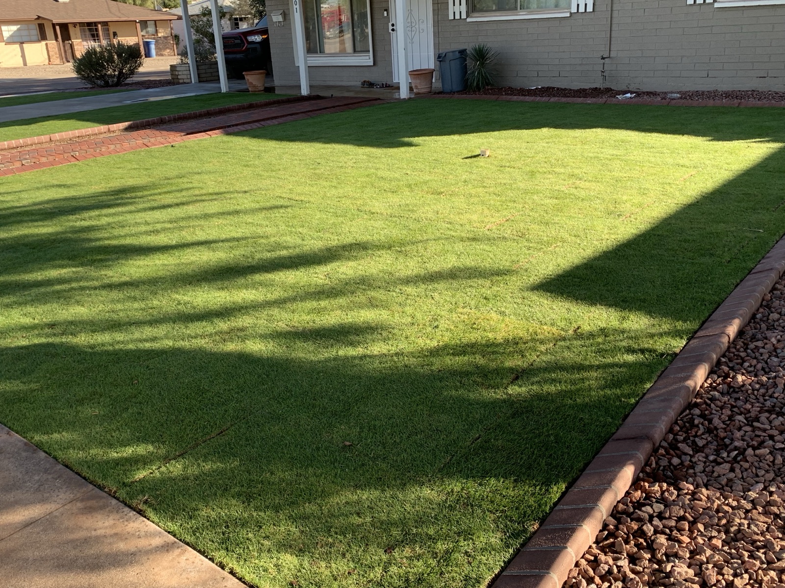 After: lush green front yard with clean brick edge