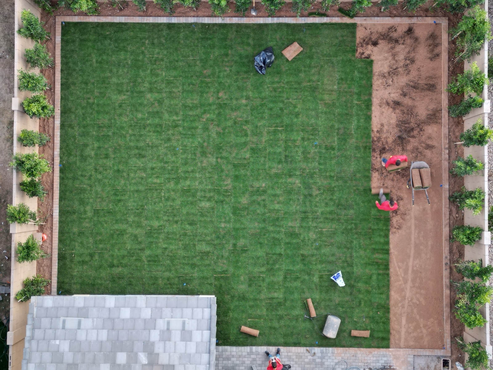 Top-down view of a freshly installed Viva sod yard with crew finishing the install