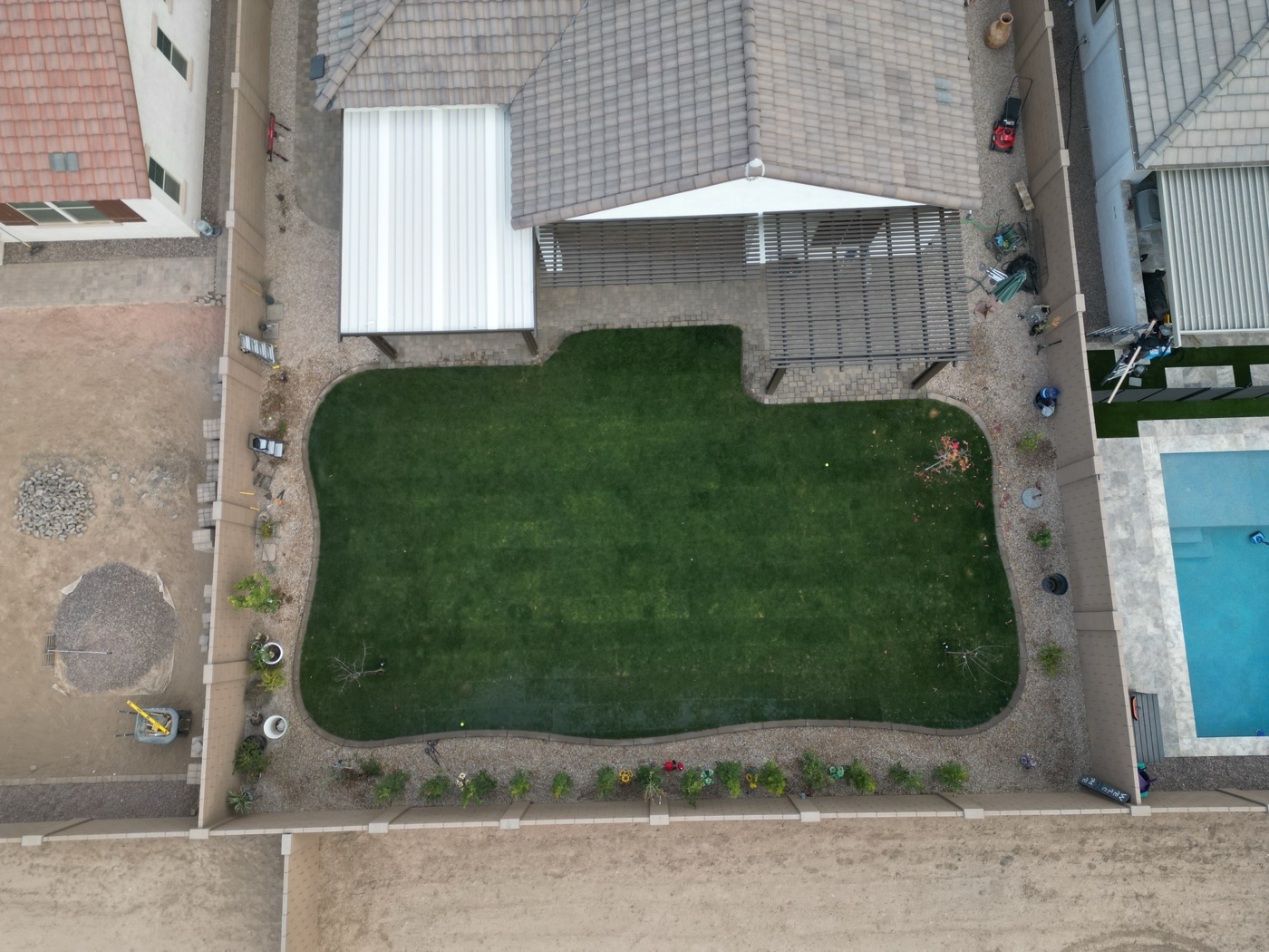 Shaded Phoenix backyard with broad-blade specialty grass — pergola casting shade across the lawn